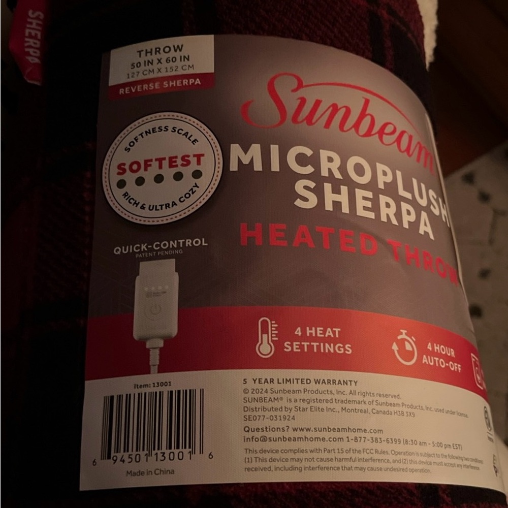 Sunbeam reversible micro plush Sherpa heated blanket.